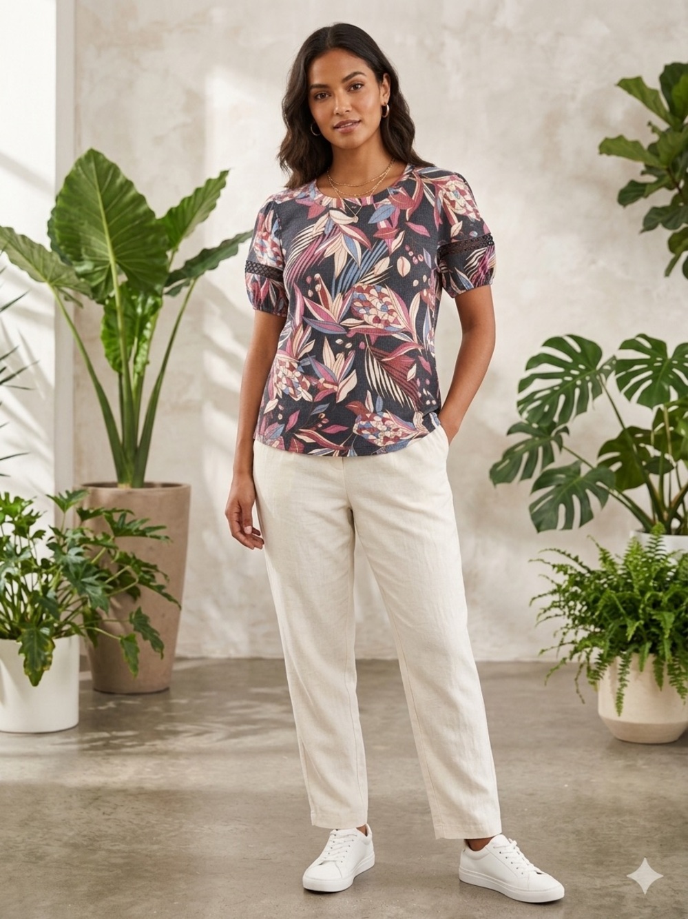Como Blu Floral Puff Sleeve Short Sleeve Tee - Size Small